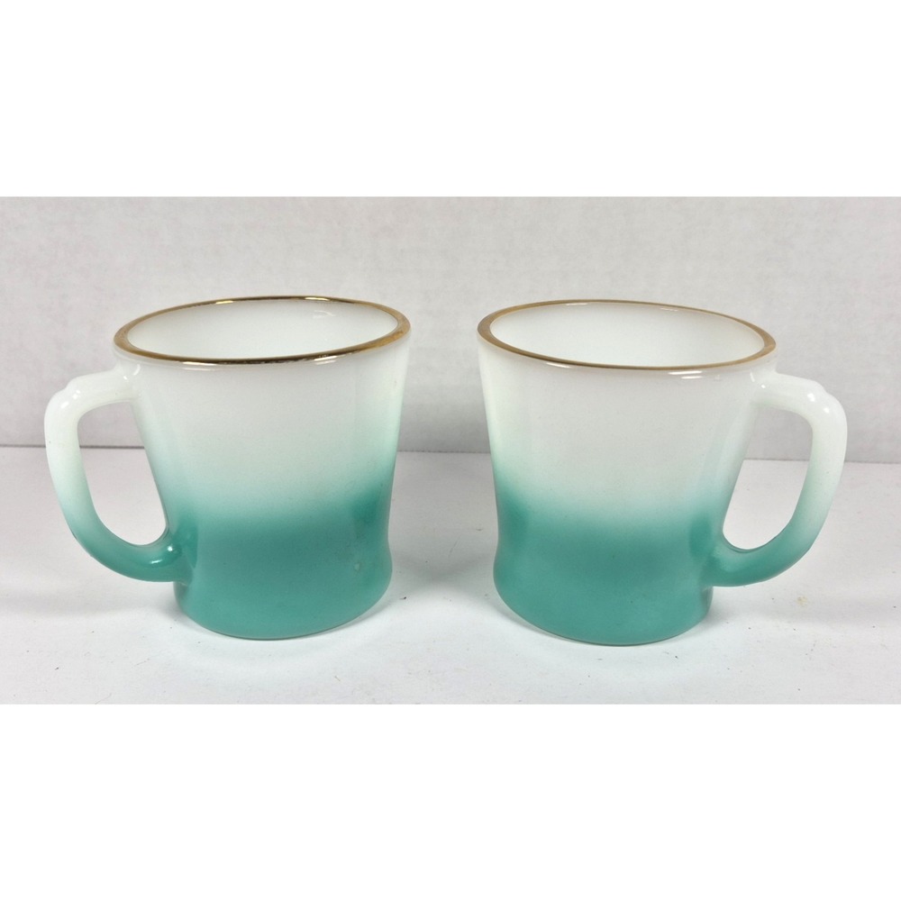 Vintage Anchor Hocking Fire King Glass Mug Turquoise Ombre Fade Gold Rim 3 1/4"